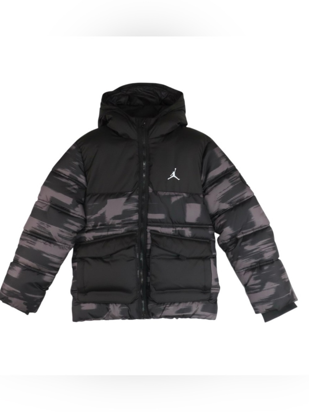 Jordan Kids Black & Gray Patterned Puffer Jacket with Hood